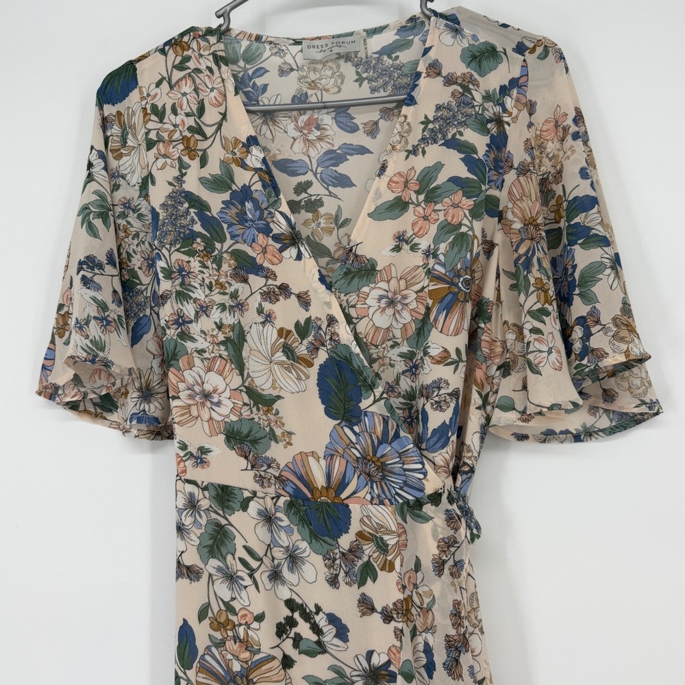 Dress Forum Floral Wrap Maxi Dress Flutter Sleeve Tan Blue Size M Flowy Romantic - Picture 4 of 7